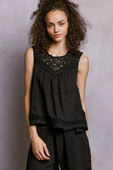 POL Round Neck Sleeveless Top with Crochet Contrast BLACK OutfitFlow