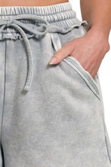 Zenana Acid Wash Fleece Drawstring Shorts With Pockets OutfitFlow