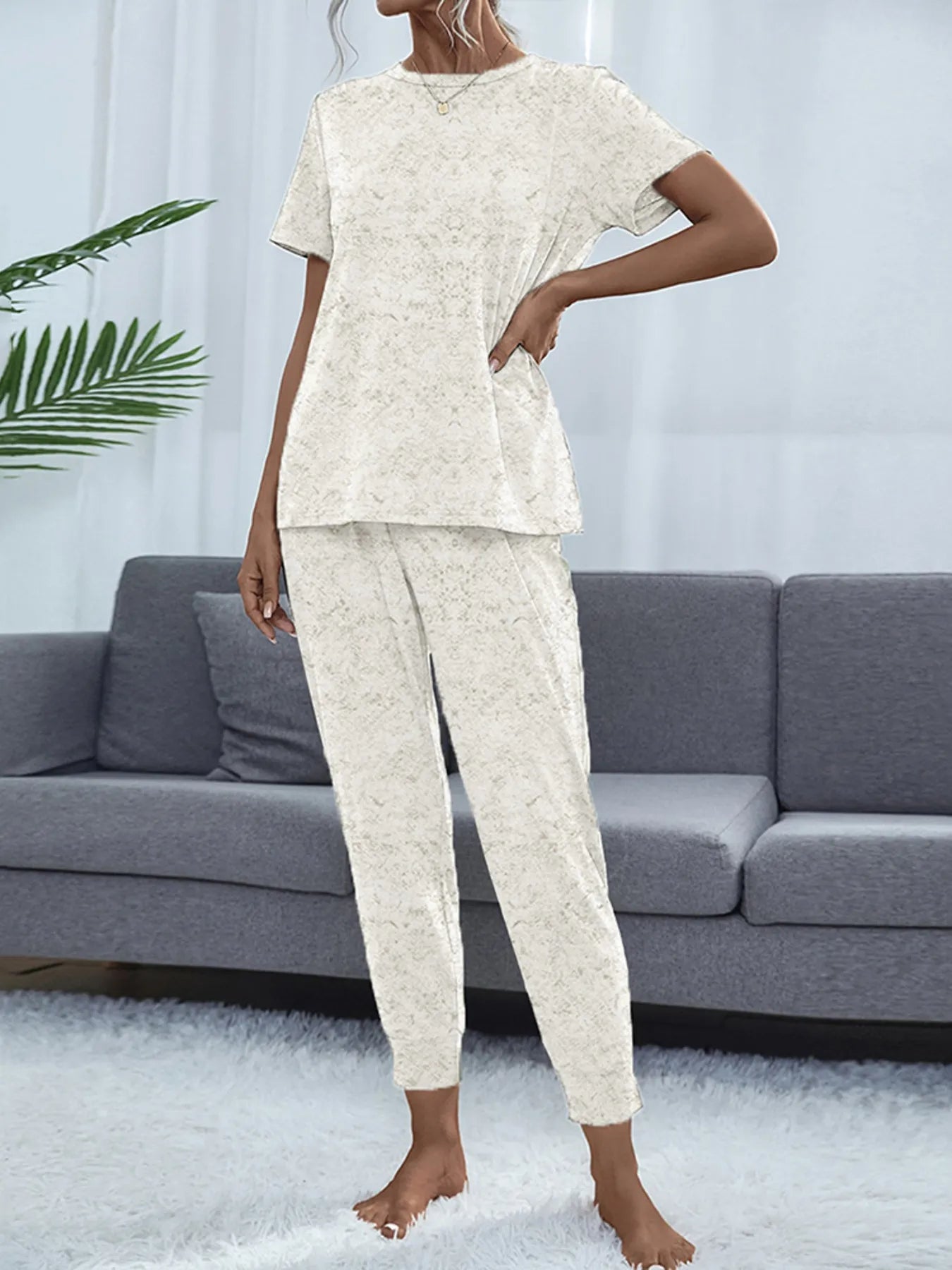 Round Neck Short Sleeve Top and Pants Lounge Set OutfitFlow