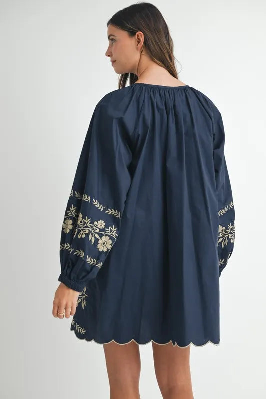 MABLE Embroidered Long Sleeve Peasant Mini Dress OutfitFlow