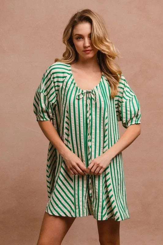 BiBi Puffy Sleeves Romper with Back Button Closure OutfitFlow