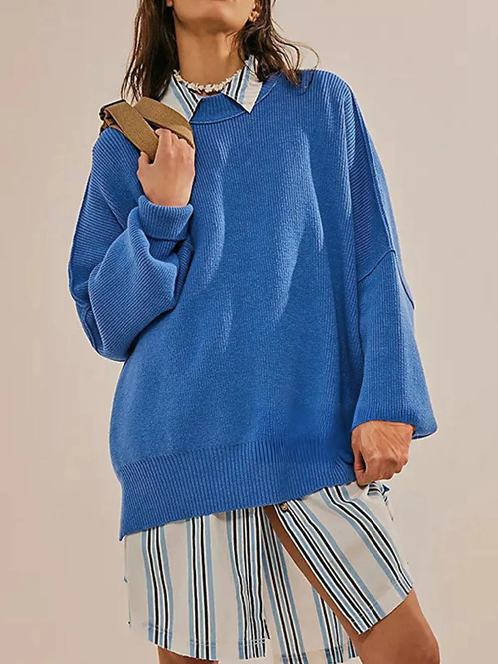Round Neck Long Sleeve Sweater Royal Blue OutfitFlow