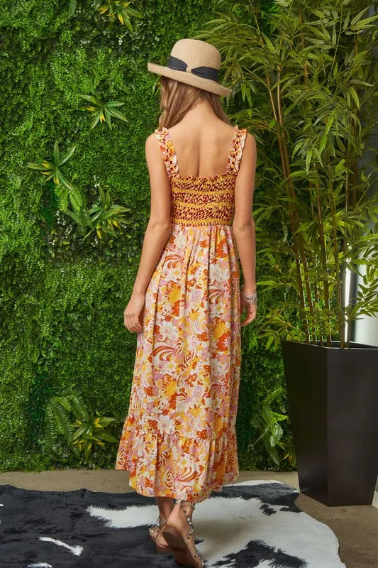 Davi & Dani Multi Smocked Bodice Geo Ruffle Strappy Midi Dress OutfitFlow