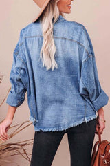Collared Neck Raw Hem Long Sleeve Denim Shirt OutfitFlow