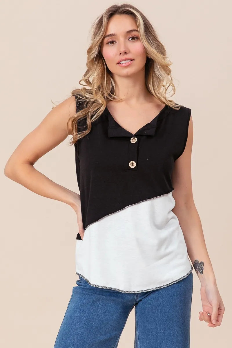 BiBi Color Block Contrast Stitching Buttoned Henley Top OutfitFlow
