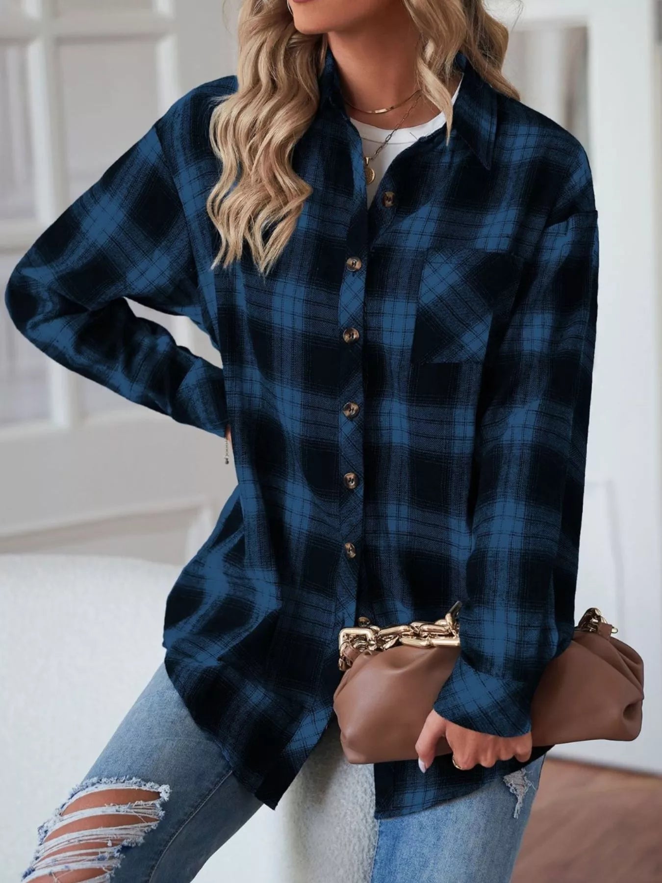 Casual Plaid Button Up Shirt Trendsi