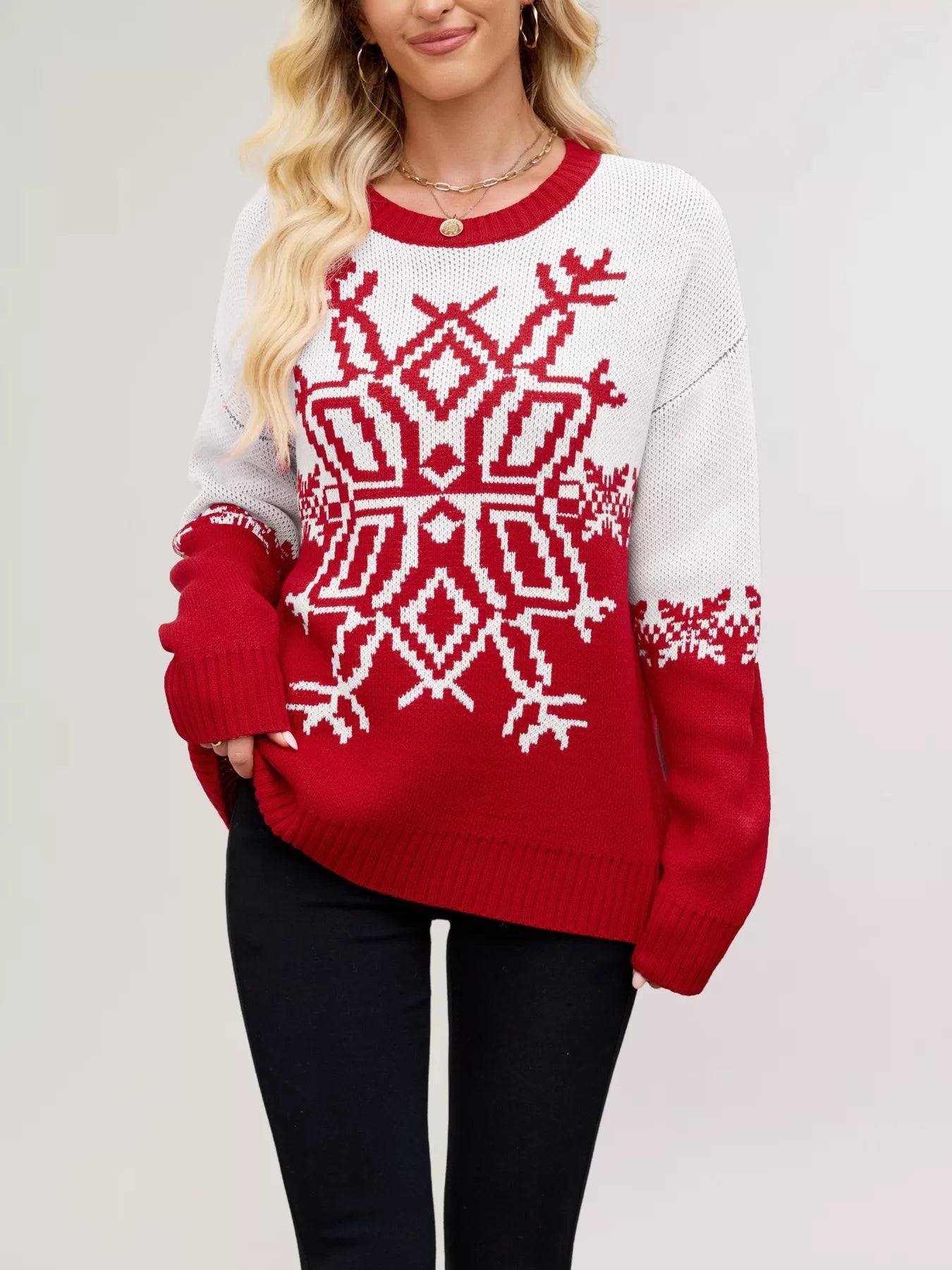 Christmas Snowflake Round Neck Sweater OutfitFlow
