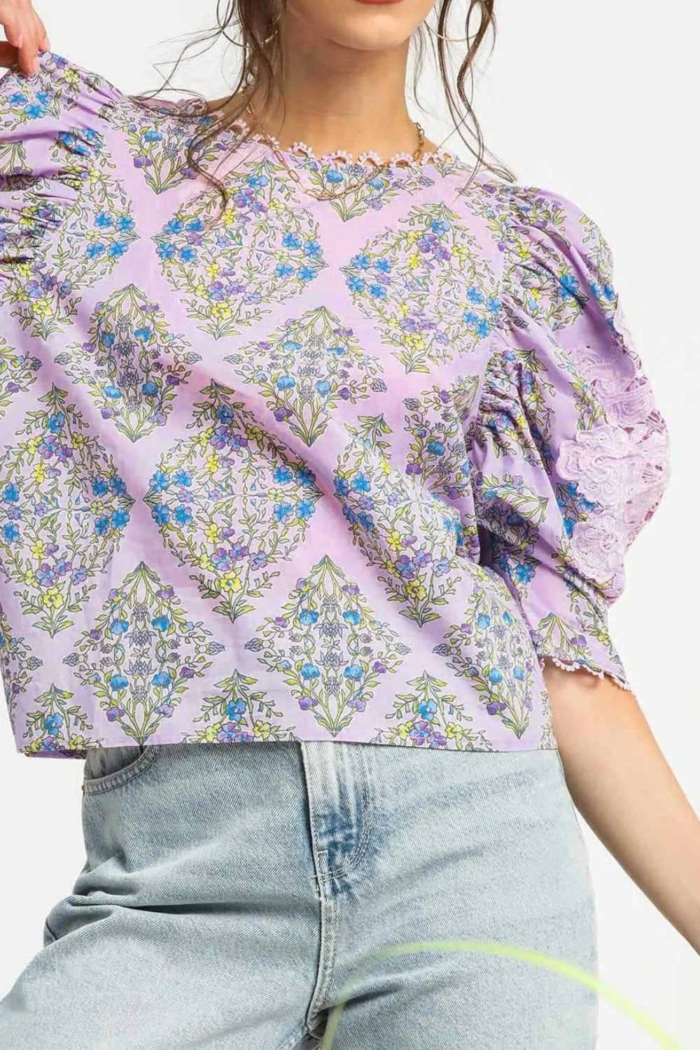 Umgee Printed Lace Puff Sleeve Blouse OutfitFlow