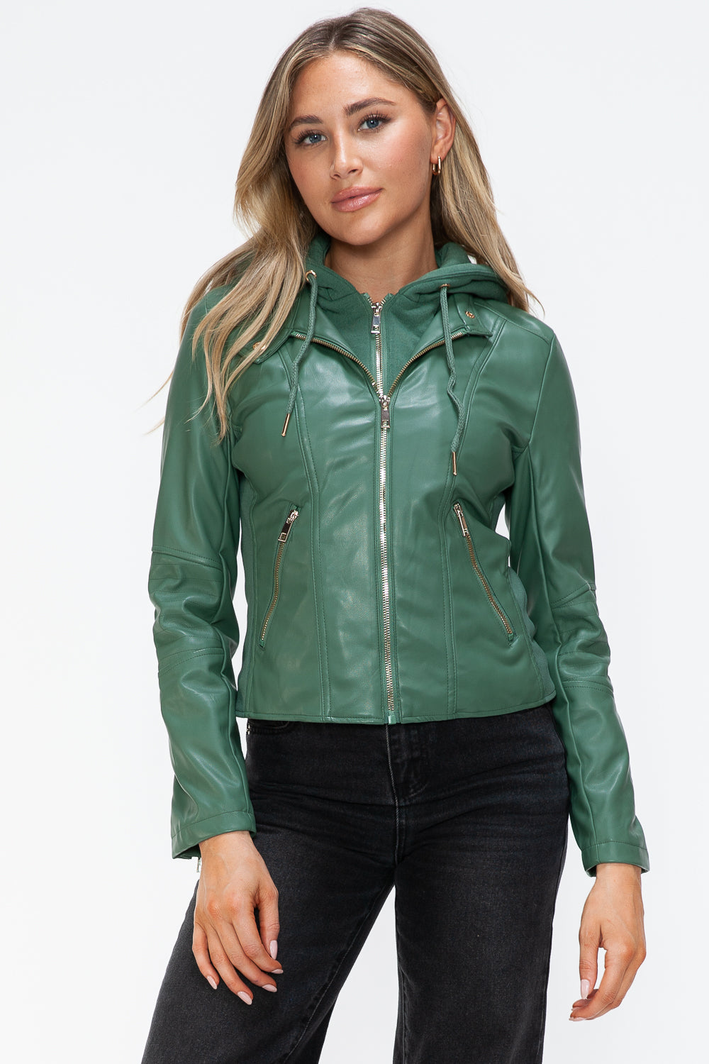 Outfit Flow - Snobbish Faux Leather Zip Up Drawstring Hooded Jacket