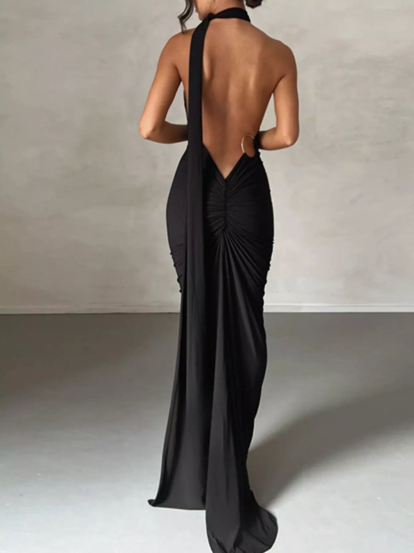 Backless One-Shoulder Ruched Bodycon Maxi Dress OutfitFlow