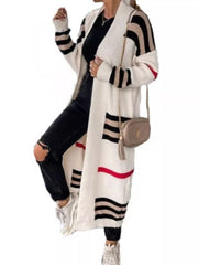 Striped Longline Open Front Cardigan Cream OutfitFlow