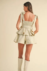 MABLE Jacquard Floral Peplum Top and Flare Shorts Set OutfitFlow