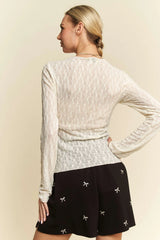 Davi & Dani Long Sleeve Sheer Small Embroidered Bows Lace Top OutfitFlow