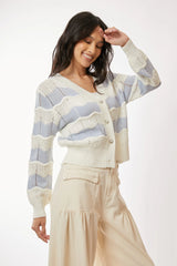 Davi & Dani Button Up Front V Neckline Cardigan Sweater WHITE LIGHT BLUE OutfitFlow