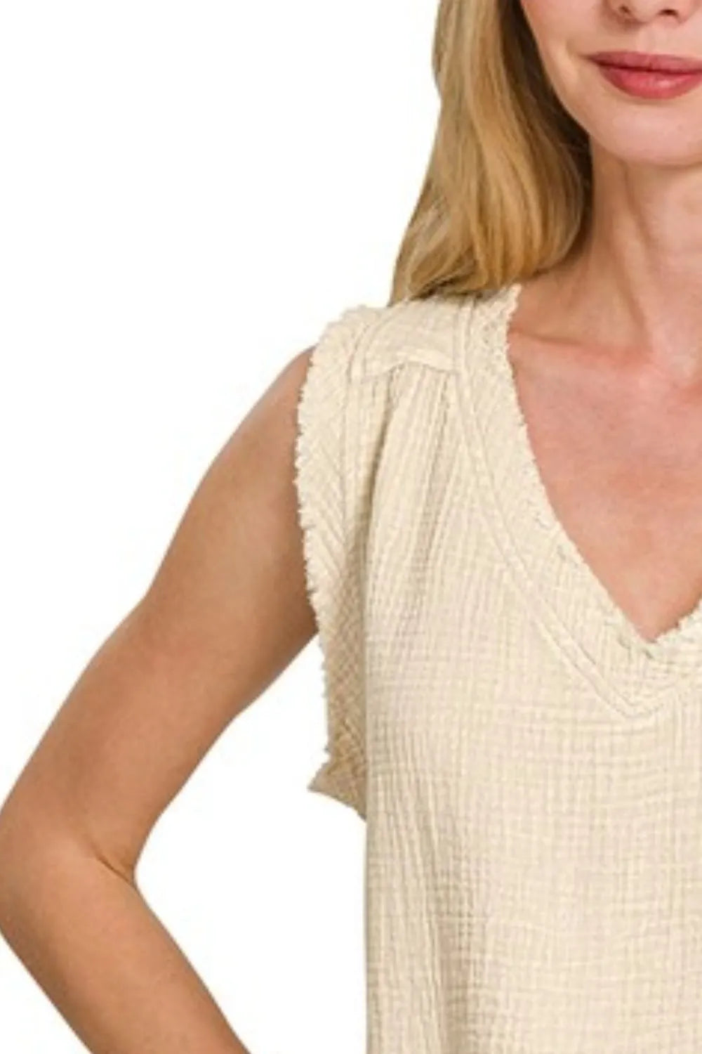 Zenana Double Gauze Raw Edge Acid Washed Tank OutfitFlow