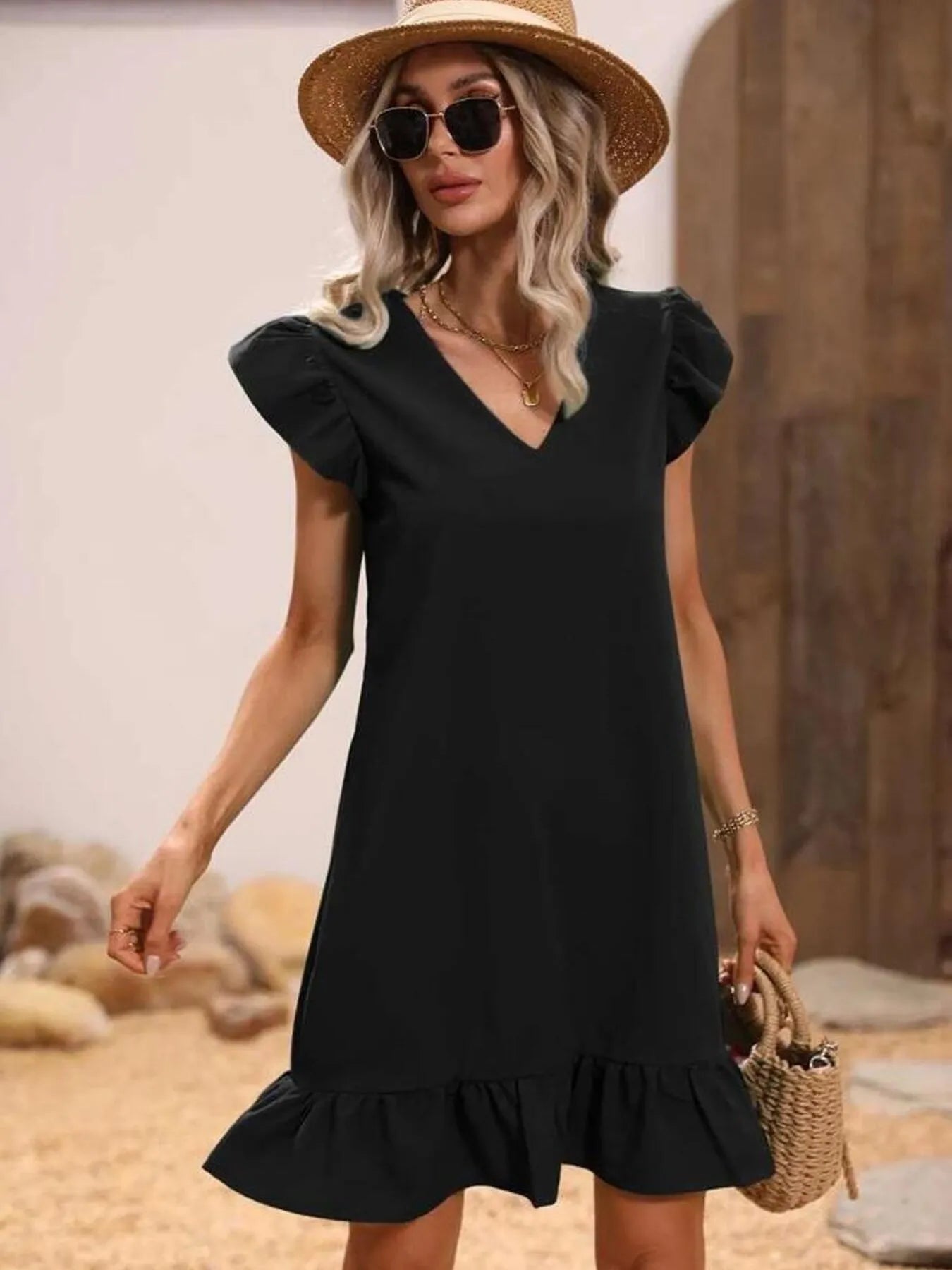 V-Neck Ruffle Hem Mini Dress with Flutter Sleeves OutfitFlow