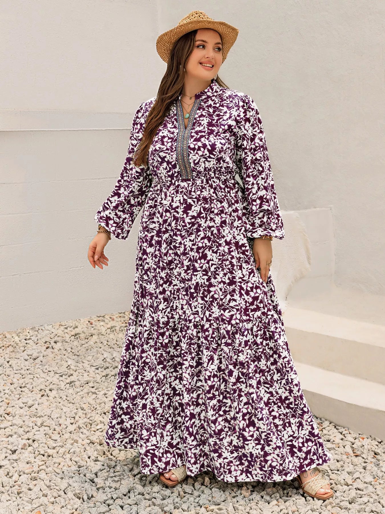 Plus Size Floral Print Maxi Dress with Long Sleeves OutfitFlow