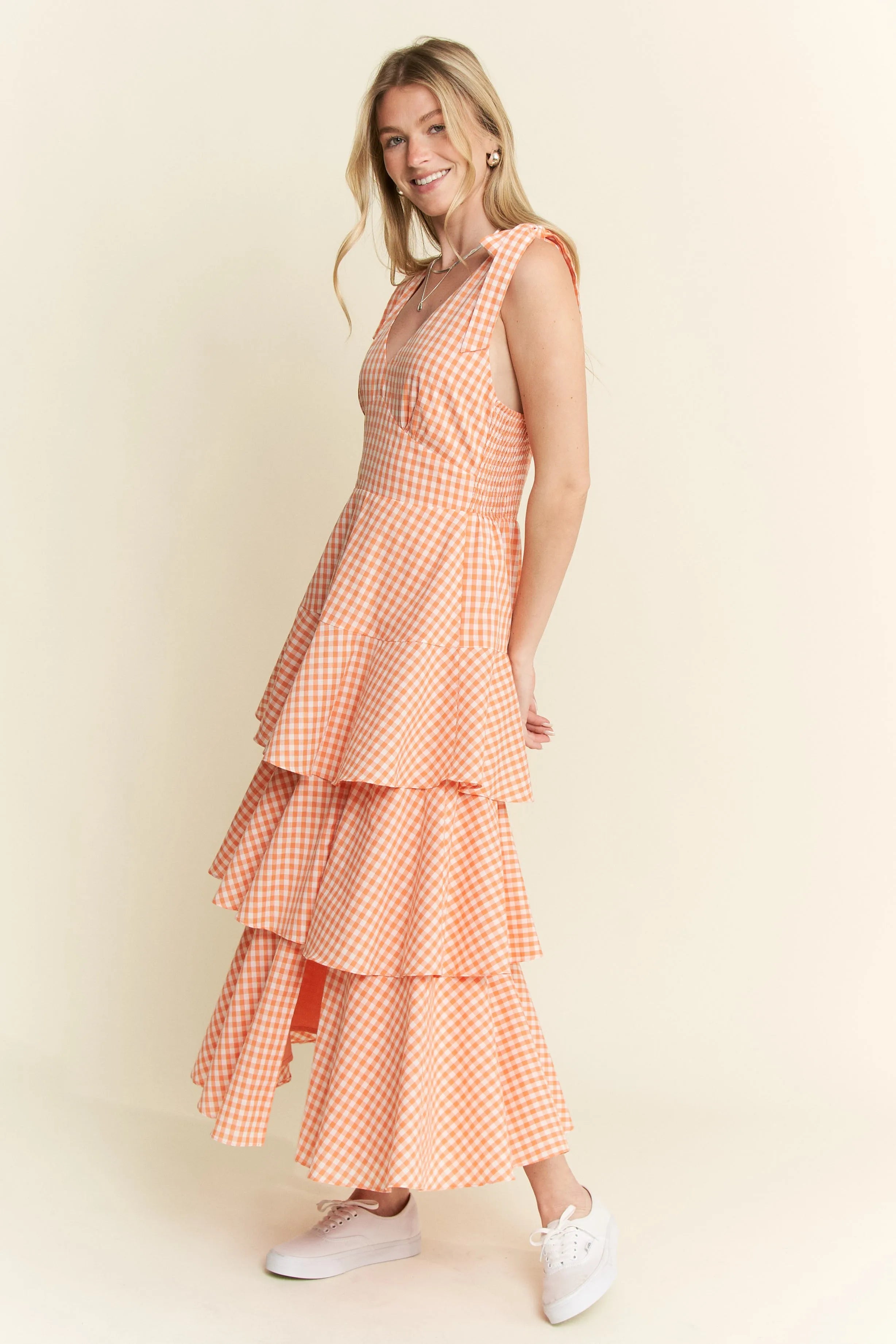 Jade By Jane Sleeveless Gingham Print Tiered Midi Dress OutfitFlow