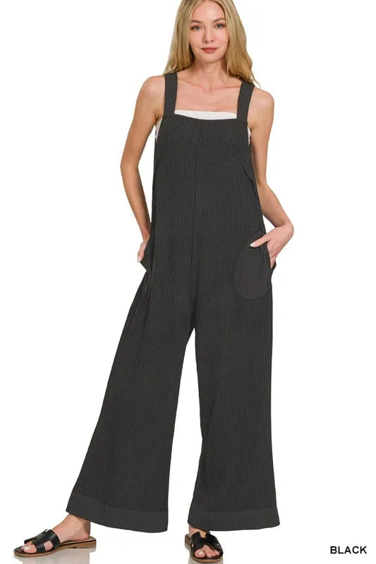Zenana Knit Waffle Wide Leg Overalls BLACK OutfitFlow