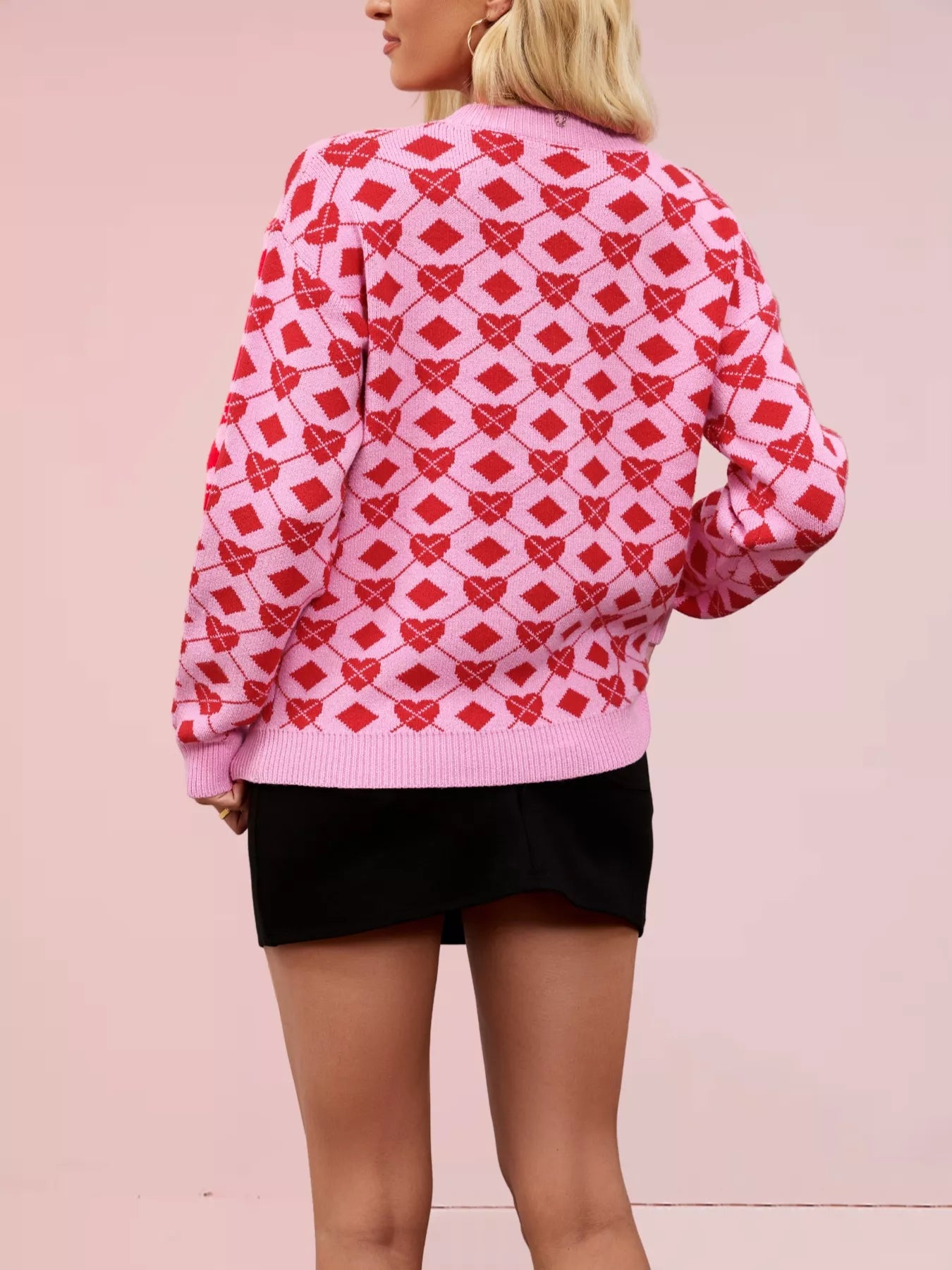 Heart & Diamond Pattern Long Sleeve Sweater OutfitFlow