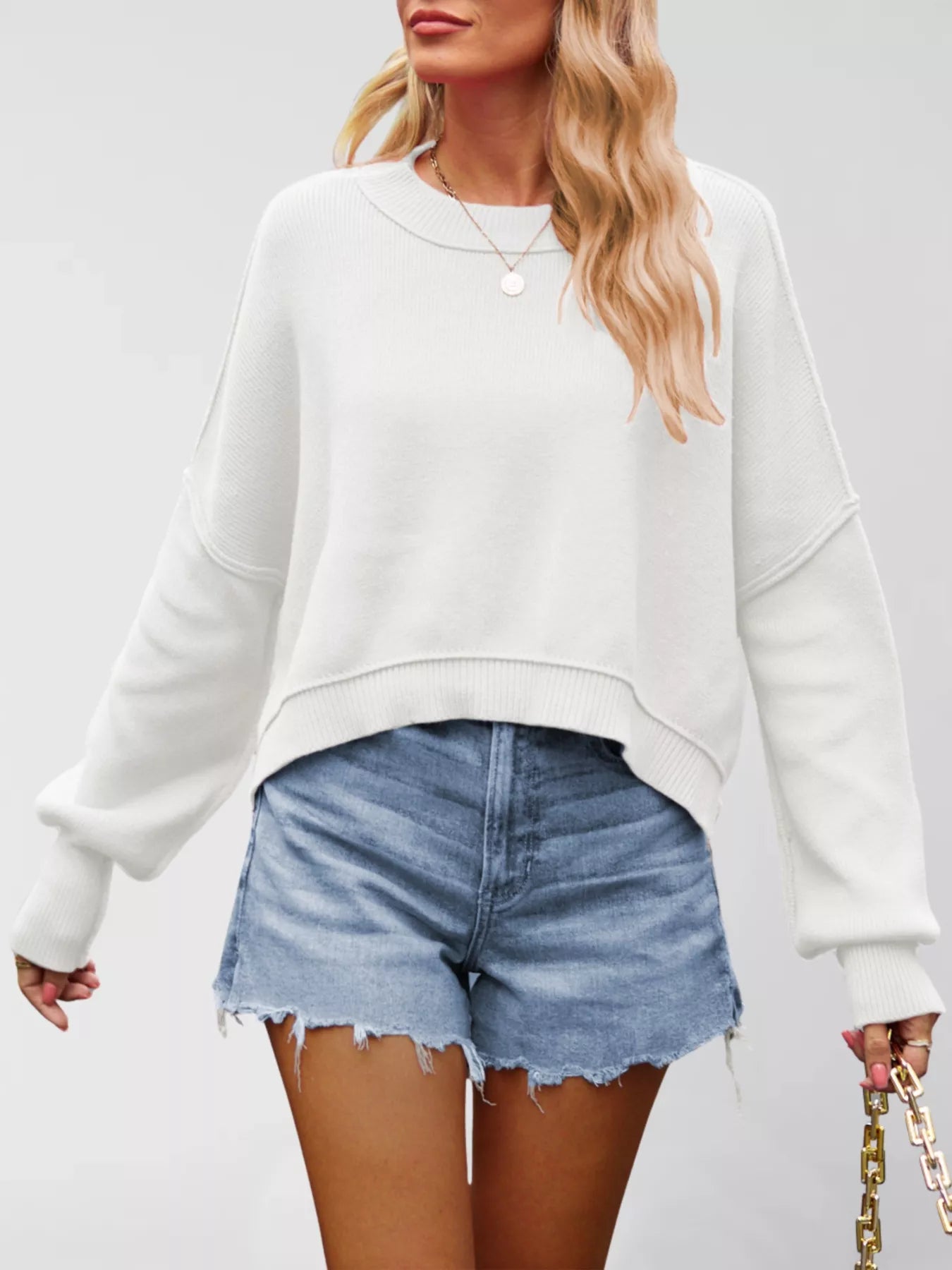 Round Neck Dropped Shoulder Sweater White OutfitFlow