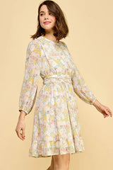 Lime 'N' Chili Chiffon Floral Print Belted Dress with Back Zipper OutfitFlow