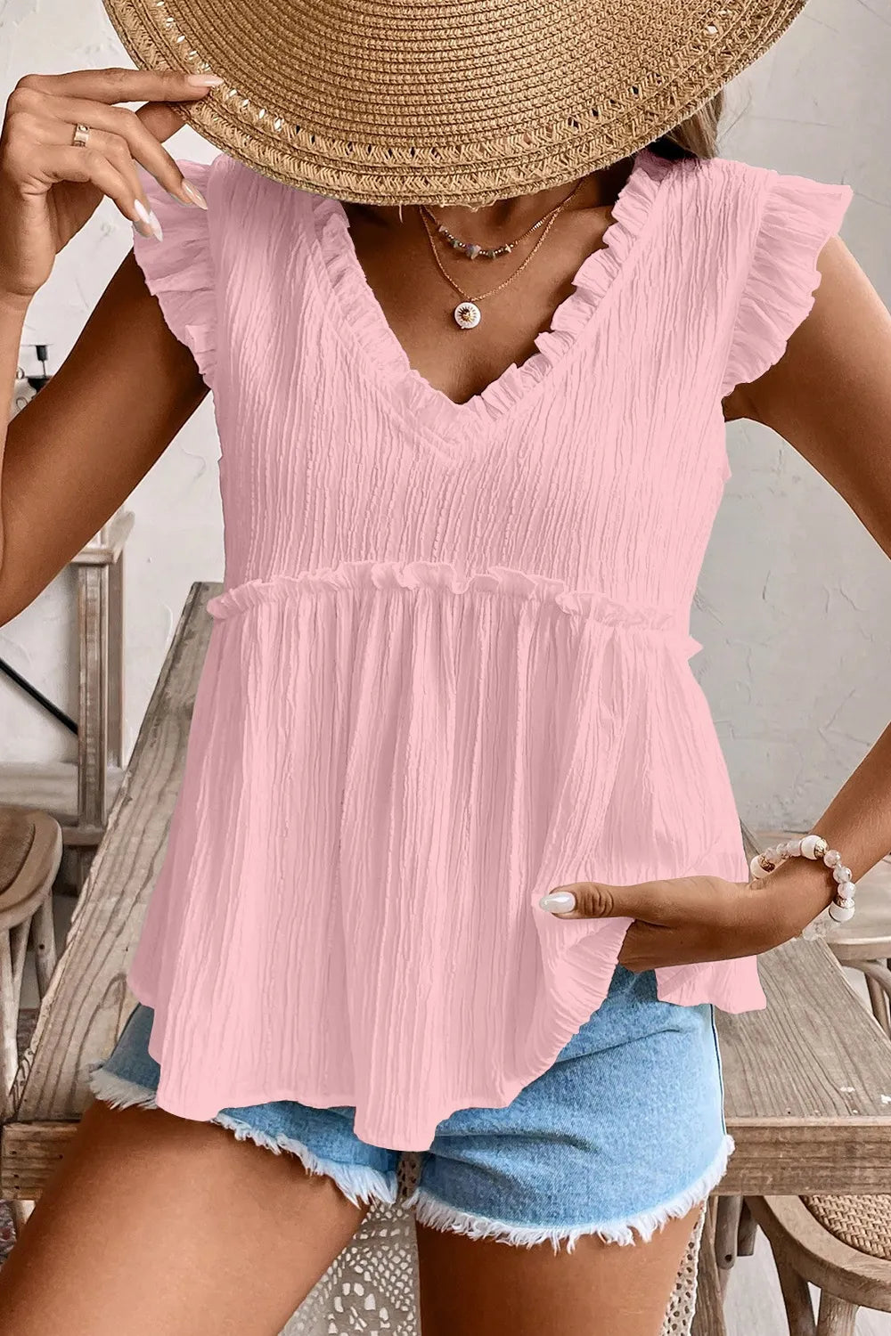 Ruffled Trim V Neck Flutter Flowy Top Dusty Pink OutfitFlow