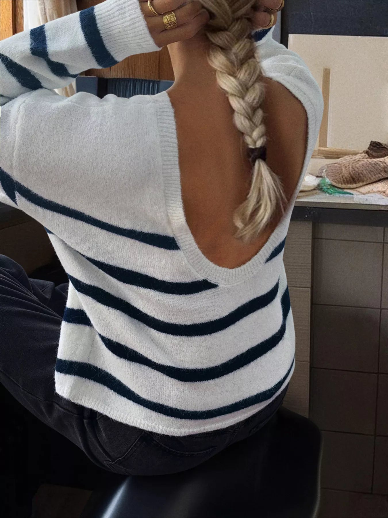 Striped Round Neck Long Sleeve Knit Top OutfitFlow
