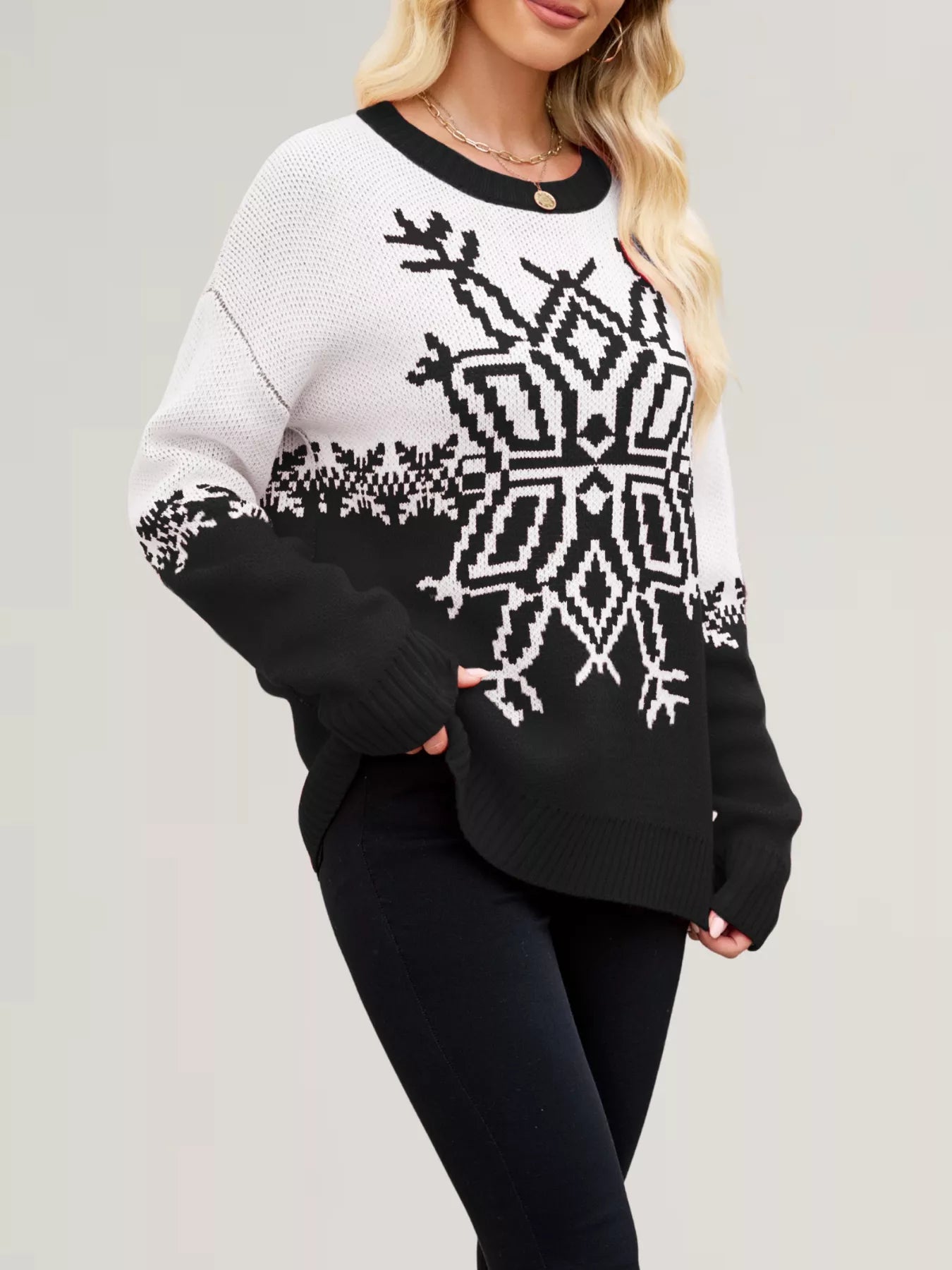 Christmas Snowflake Round Neck Sweater OutfitFlow