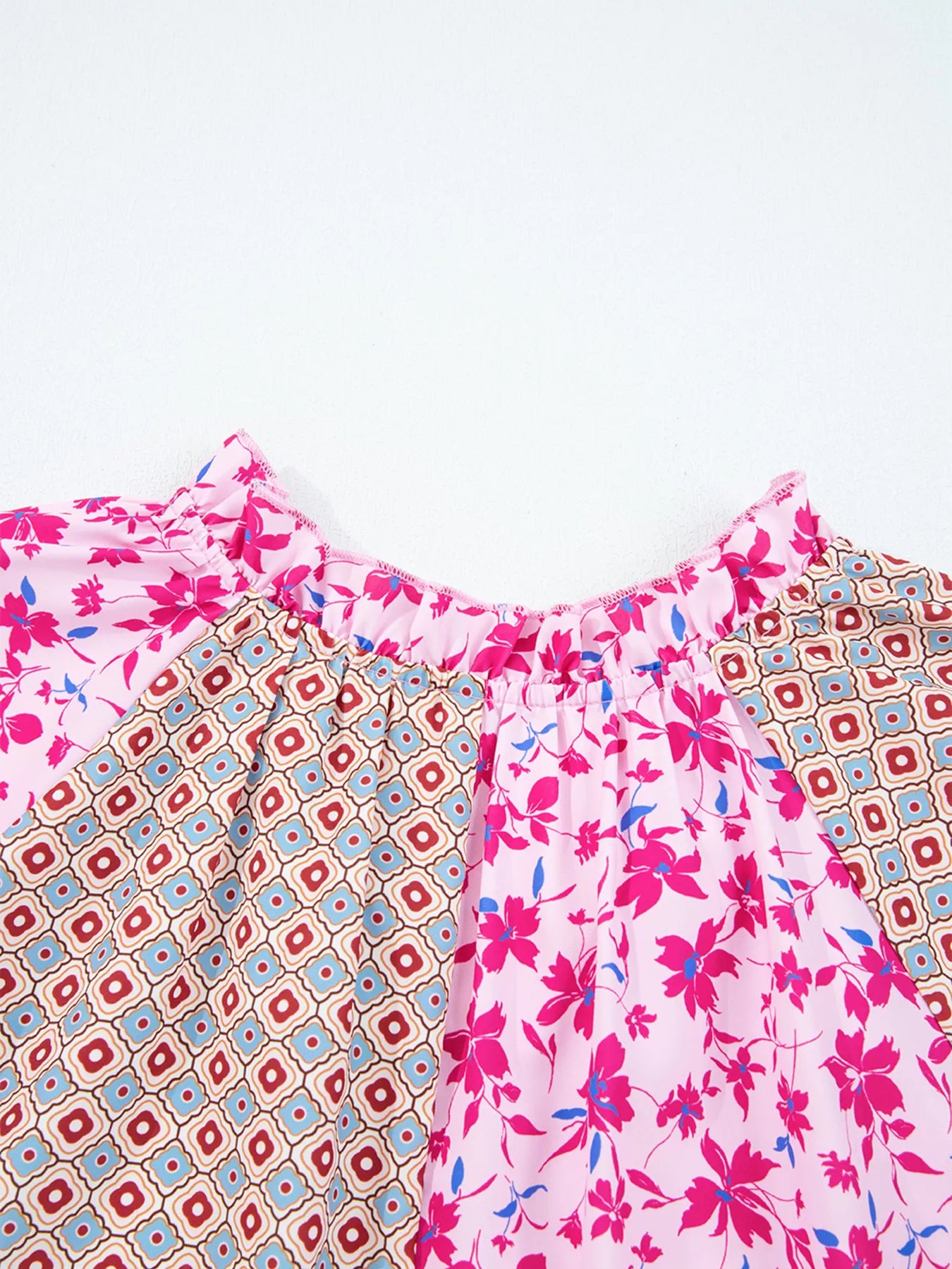 Boho Mixed Floral Drop Shoulder Bubble Sleeve Blouse OutfitFlow