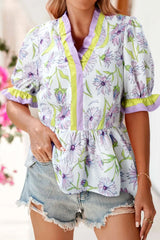 Floral Print Flounce Sleeve Peplum Blouse Pink Purple OutfitFlow