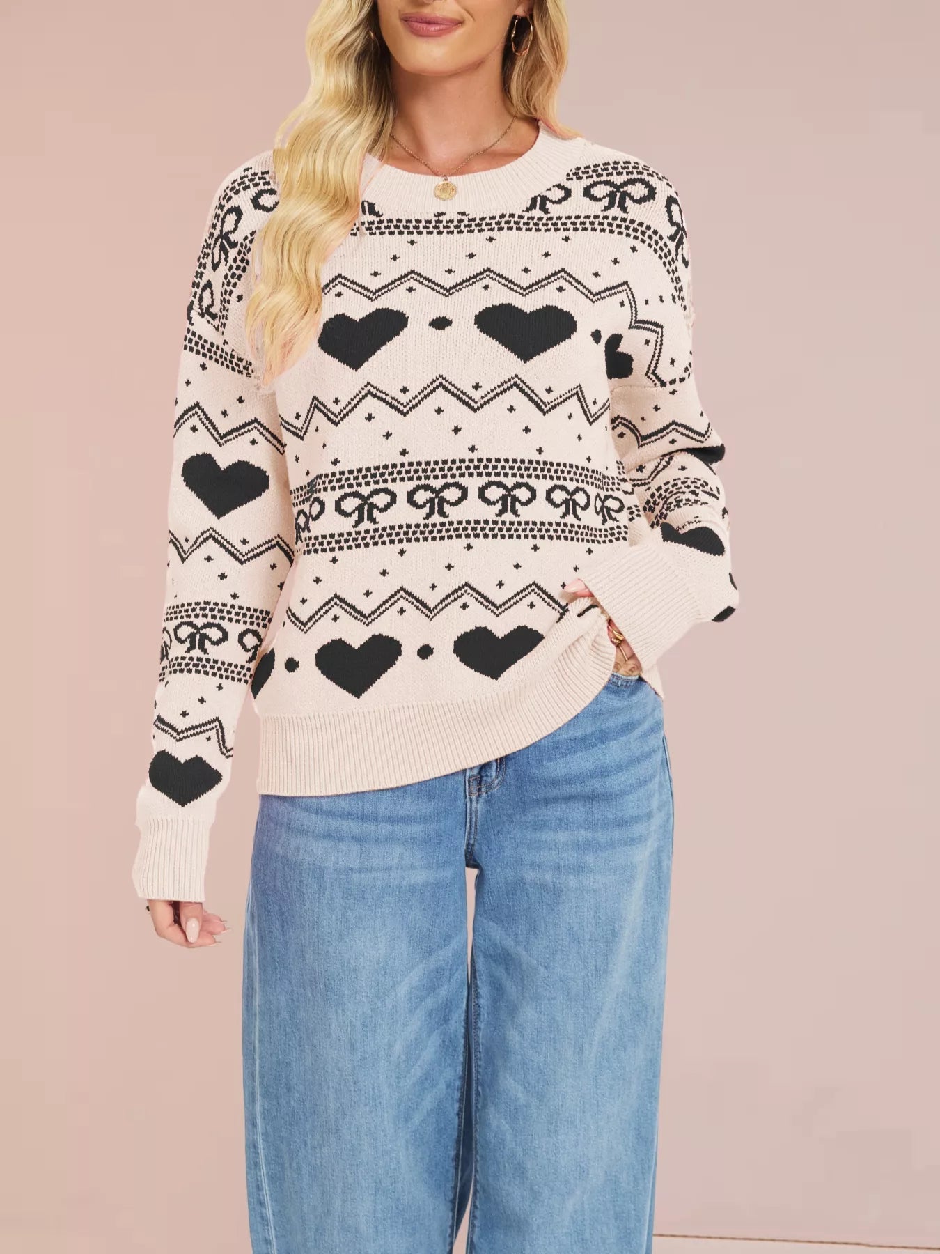 Heart & Bow Pattern Round Neck Sweater Cream OutfitFlow