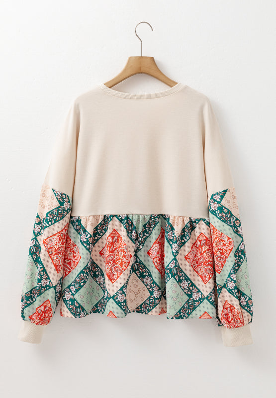 Printed Round Neck Long Sleeve Blouse OutfitFlow