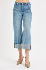 RISEN Full Size Tummy Control High Rise Ankle Wide Cuffed Jeans Plus Size OutfitFlow