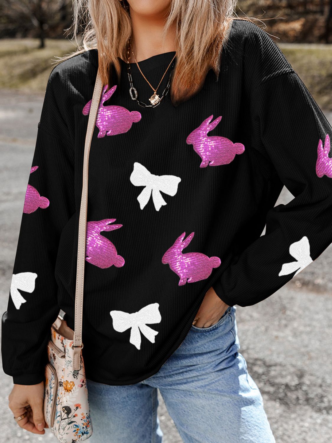 Sequin Bunny Bow Easter Corded Rib Sweatshirt OutfitFlow