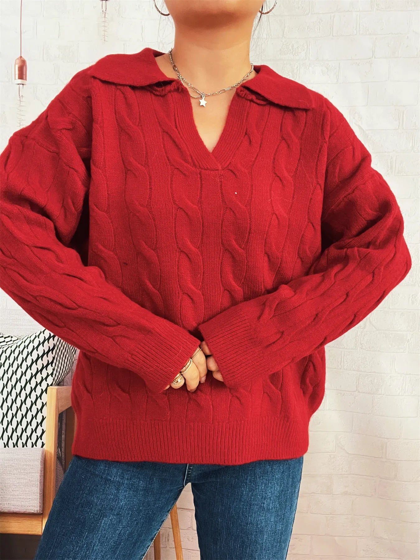 Cable Knit Johnny Collar Sweater Trendsi