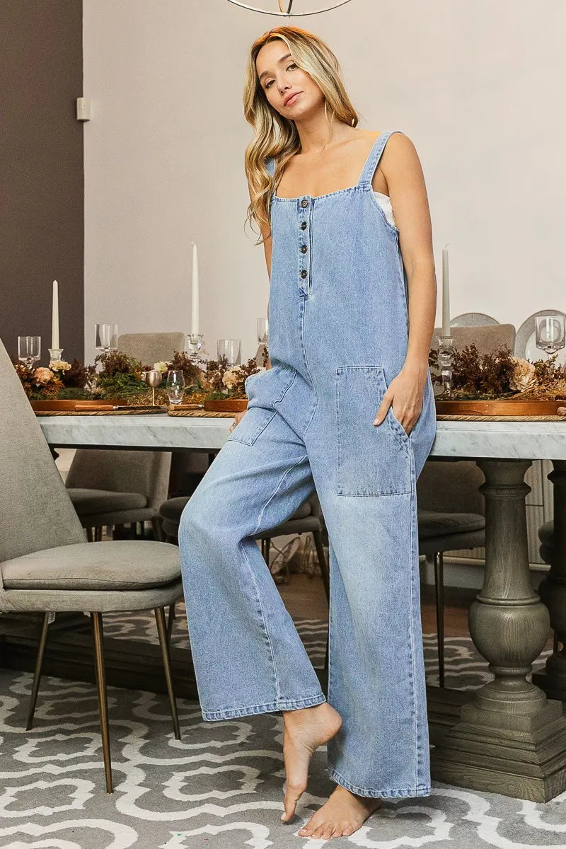 BiBi Washed Denim Buttoned Overall Jumpsuit OutfitFlow