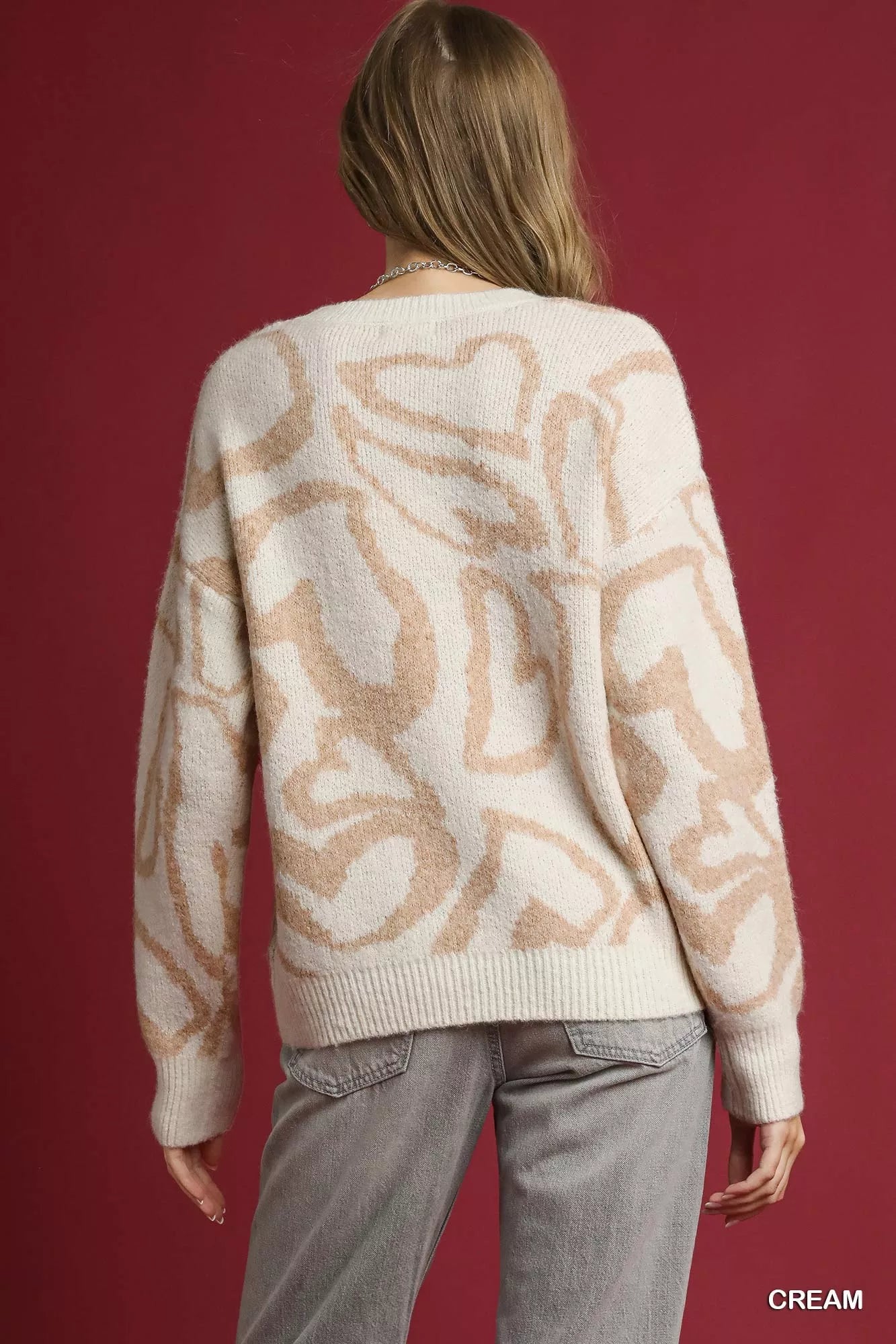Umgee Heart Print Crew Neck Sweater Trendsi