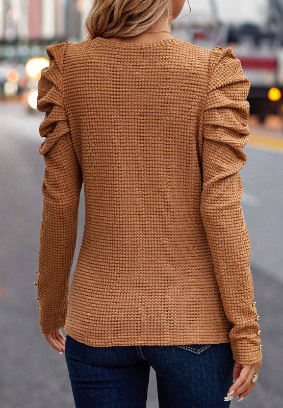 Decorative Button Round Neck Puff Sleeve Blouse OutfitFlow