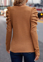 Decorative Button Round Neck Puff Sleeve Blouse OutfitFlow