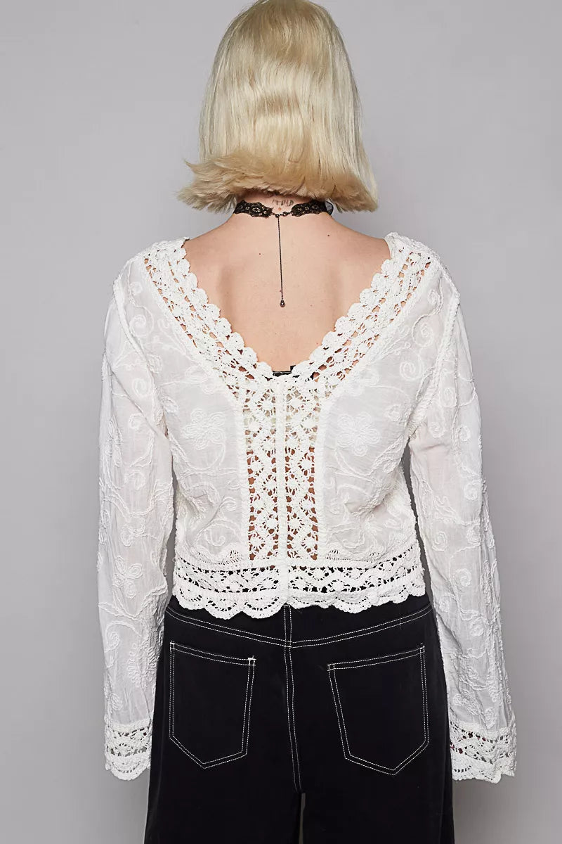 POL Long Sleeve Cropped Crochet Top with Floral Embroidery Detail OutfitFlow