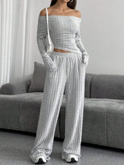 Outfit Flow - Ribbed Off-Shoulder Top and Pants Set