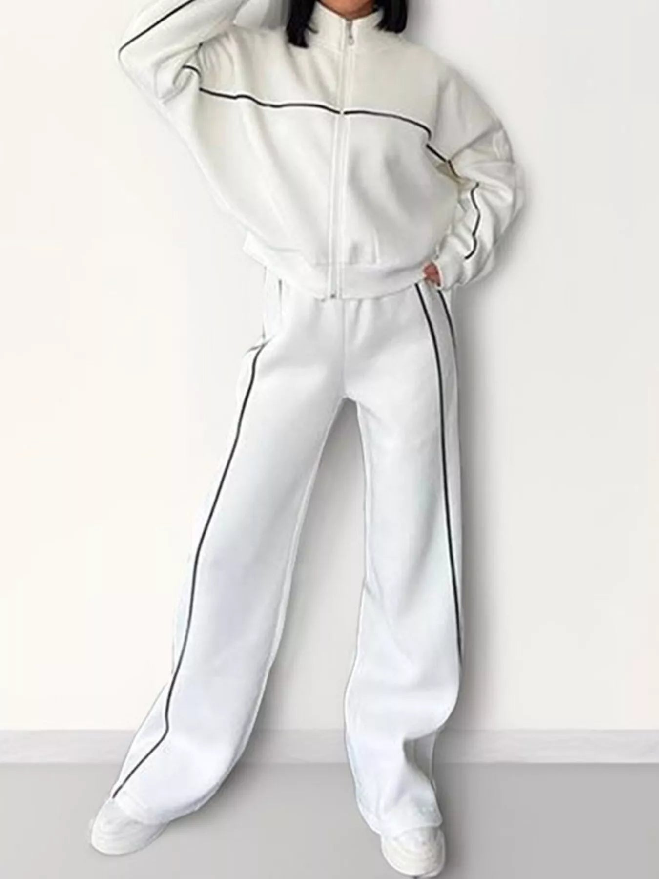 Full Size Zip Up Long Sleeve Top and Pants Set Plus Size Gray white OutfitFlow
