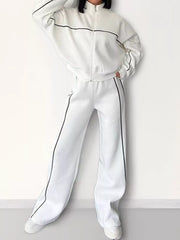 Full Size Zip Up Long Sleeve Top and Pants Set Plus Size Gray white OutfitFlow