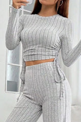 Ribbed Knit Long Sleeve Top & Wide Leg Pants Set OutfitFlow