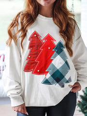 Pearl Plaid Christmas Tree Patched Drop Shoulder Sweatshirt OutfitFlow