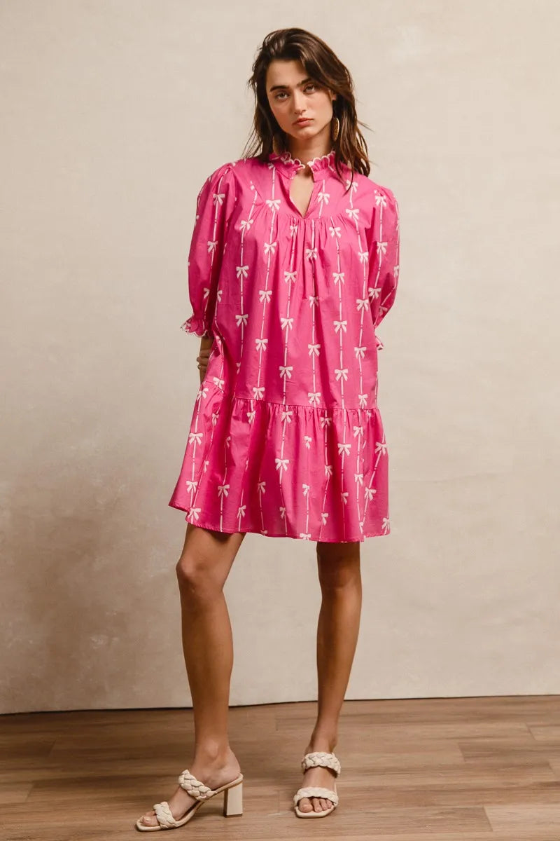 BiBi Ribbon Patterns With Scallops Edge Details Short Sleeve Dress OutfitFlow