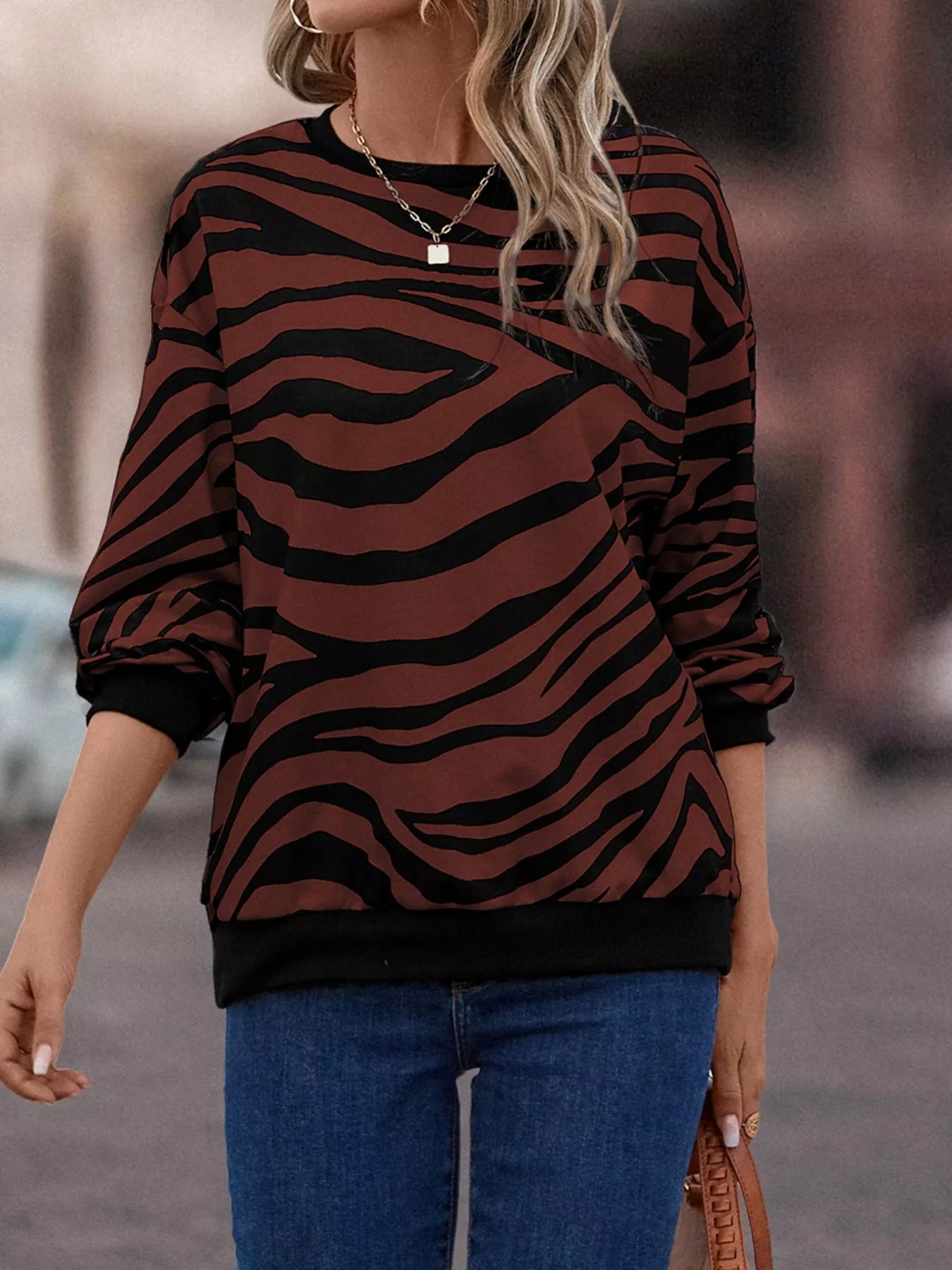 Zebra Print Round Neck Casual Sweatshirt OutfitFlow