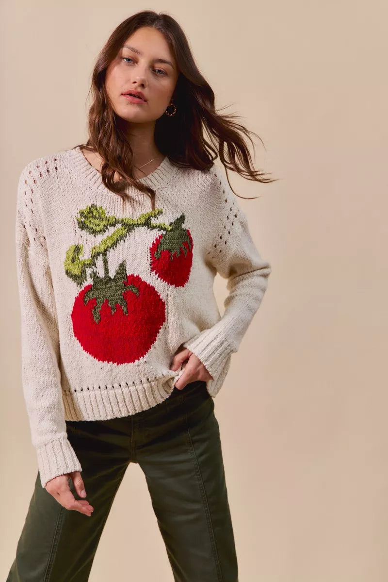 SO ME Vegetable Round Neck Long Sleeve Sweater OutfitFlow