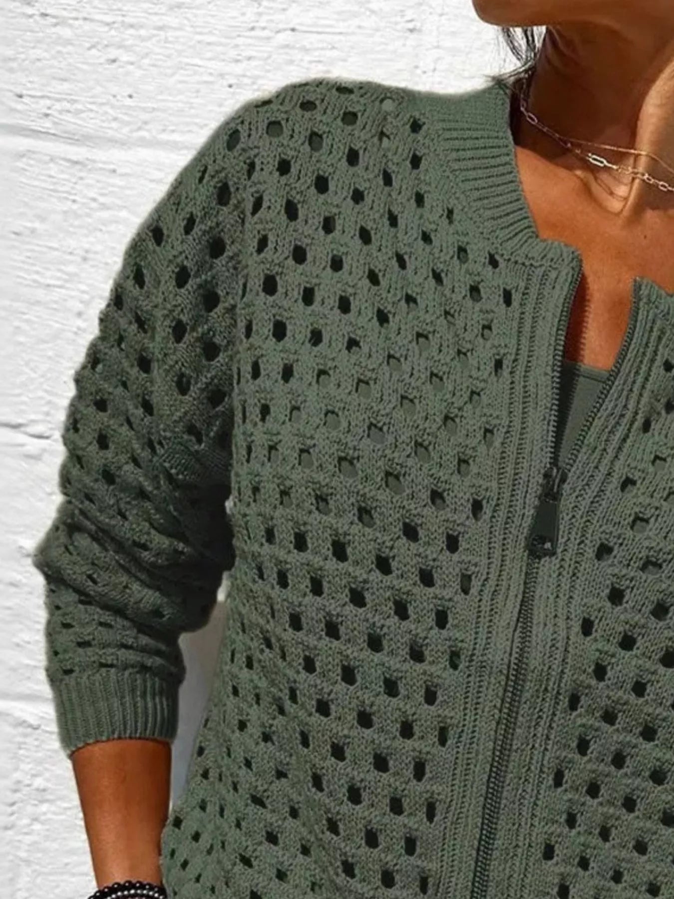 Full Size Zip Up Long Sleeve Cardigan with Eyelet Detail Plus Size OutfitFlow